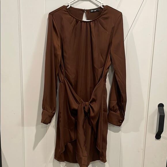 PRETTYGARDEN Women's Satin Brown Dress Long Sleeve Tie Waist Size Medium NWT - Picture 2 of 6